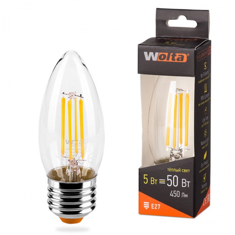Лампа WOLTA Led Filament 25YCFT 5W E27 3000К свеча (801) (Уценка)