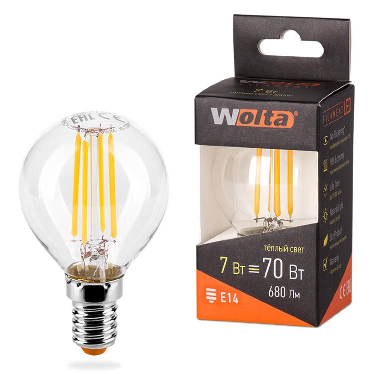 Лампа WOLTA Led Filament 25Y45GLFT 7W E14 3000К шар (875) (Уценка)