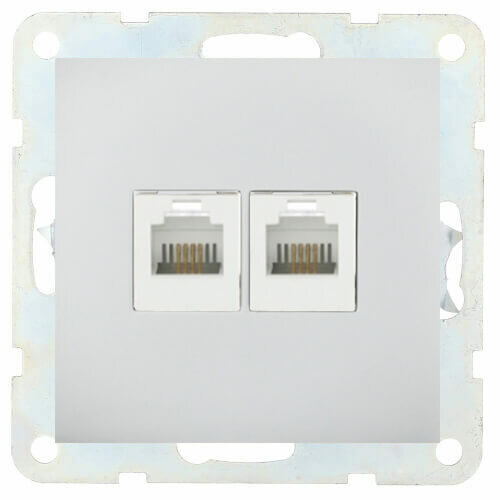LK60 Розетка двойная компьют. 2хRJ-45 кат.5е с накладкой сереб.металлик