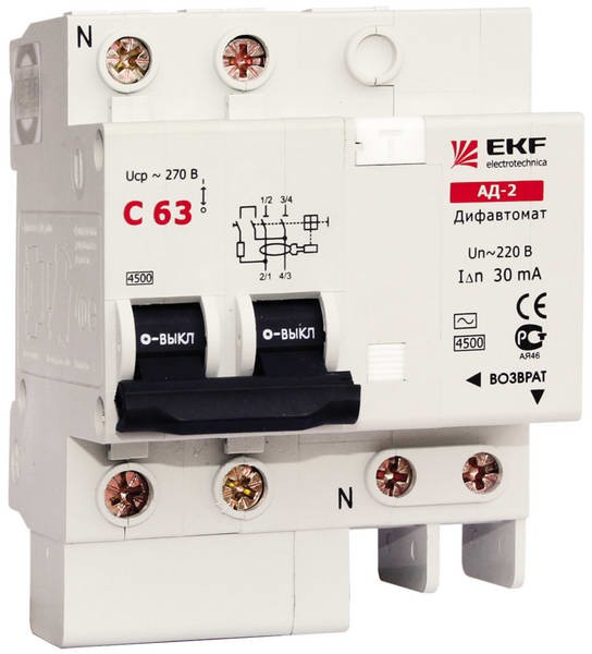 Дифференц.автомат EKF АД-2  6А/30мА (хар-ка С, тип АС) 4,5 кА