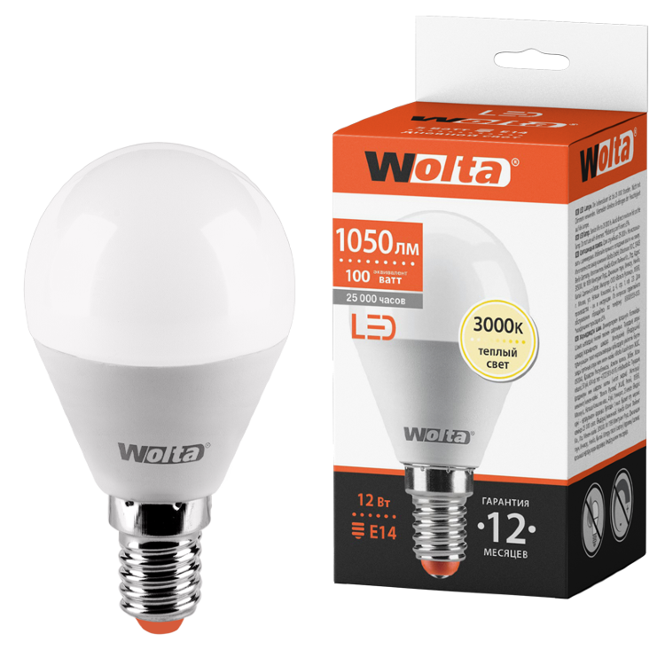 Лампа WOLTA Led 25Y45GL 12W E14 3000K шар (082) (Уценка)
